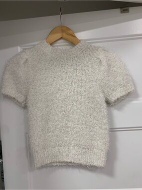 Guess Cream Fuzzy Short-Sleeve Crewneck Sweater